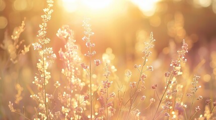 A field of grass flowers light up by a sunset golden evening light. An inspirational nature image for aesthetic of autumn and fall design. Autumn nature in pastel earth tone blurred background. - obrazy, fototapety, plakaty