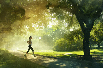woman doing walking or jogging in a park with a sun lig 3808b4eb-575c-4a64-9356-ee15a8e8793b