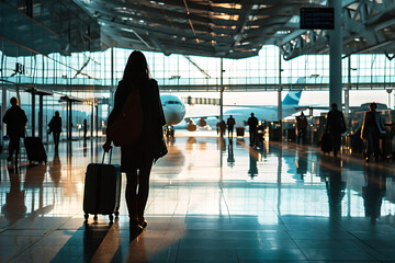 A woman walks through a deserted airport terminal. Generative ai