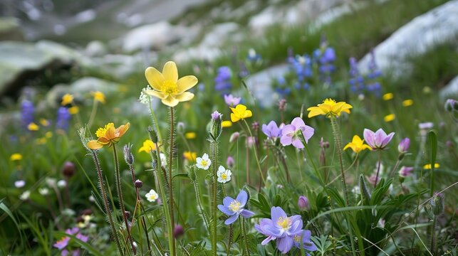 Alpine flowers bloom in summer ,Generative ai, 