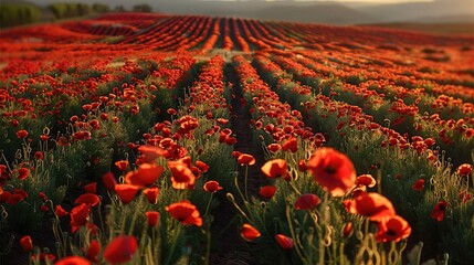 A field of poppies with rows and rows of red flowers growing in the distance. Generative AI.