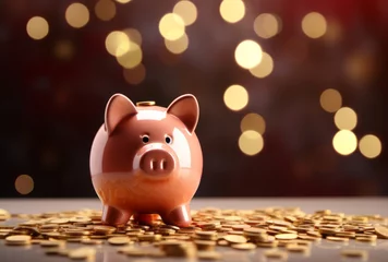 Fotobehang A savings piggy bank in bokeh, its realistic and hyper-detailed renderings, tabletop photography, and creative commons attribution apparent in light bronze and crimson. © Duka Mer
