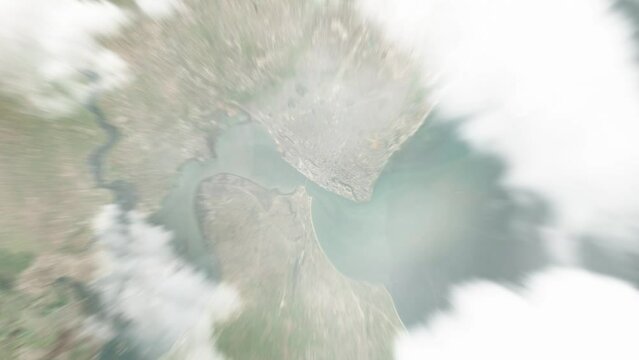 Earth zoom in from space to Maputo, Mozambique. Followed by zoom out through clouds and atmosphere into space. Satellite view. Travel intro. Images from NASA