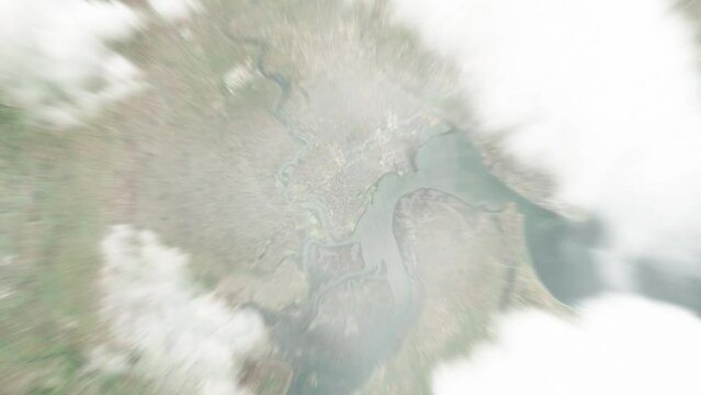 Earth zoom in from space to Matola, Mozambique. Followed by zoom out through clouds and atmosphere into space. Satellite view. Travel intro. Images from NASA