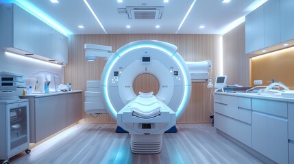 Modern MRI Machine in a Medical Imaging Room. State-of-the-art MRI scanner in a bright, clean medical imaging room with ambient blue lighting for patient comfort. - obrazy, fototapety, plakaty