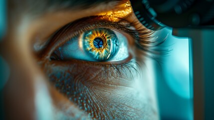 Close-Up of a Human Eye During an Eye Examination. Macro shot of a human eye being examined by an optometrist, showcasing the intricate details of the iris. - obrazy, fototapety, plakaty