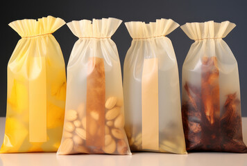 Four colorful plastic bags filled with nuts are rounded, reflecting gravure printing, kimoicore, and organic material in light beige and dark amber.