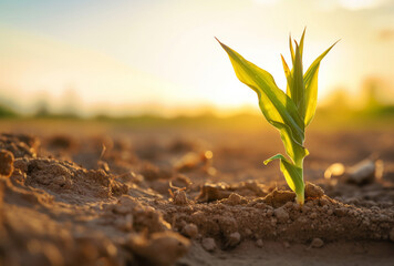 A corn ear is planted on a tar flat surface, its youthful energy apparent in the sunlight in the distance.