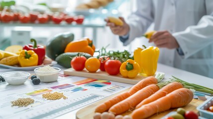 Nutritionist Evaluating Healthy Food Options. Nutritionist analyzes a variety of healthy foods laid...