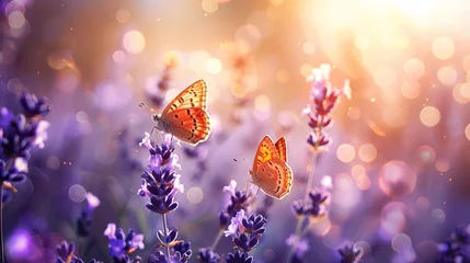 Tafelkleed Amazing beautiful colorful natural scenery. Lavender flower and two butterflies in summer sunlight in spring outdoors on macro nature, soft focus ,Generative ai,  © curek