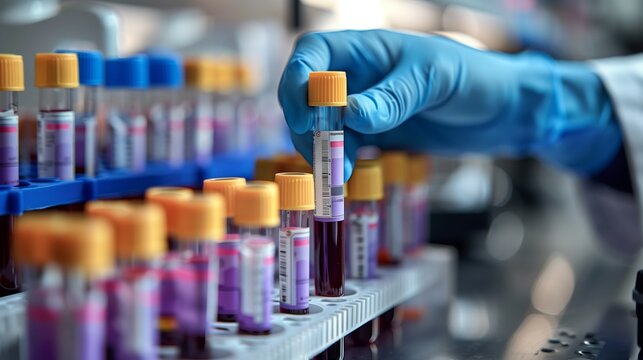 Lab Technician Organizing Blood Samples for Testing. Lab technician's gloved hand is carefully selecting blood sample tubes from a tray, preparing for laboratory tests.