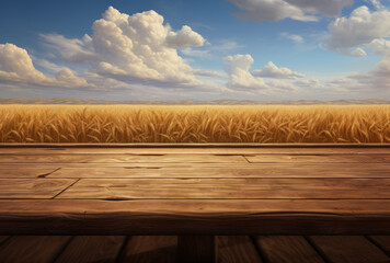 A wheat field with a wooden background presents layered imagery with subtle irony, tabletop photography, firecore, and panel composition mastery. - obrazy, fototapety, plakaty