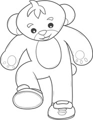 Cute cartoon teddy bear standing with one shoe off outline