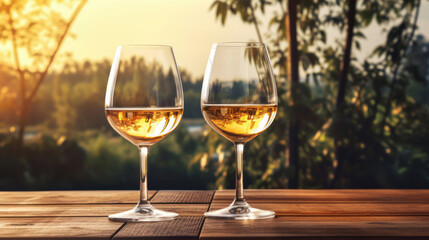 Two wine glasses sit on a table in nature, their photo-realistic landscapes reflecting the southern countryside. - obrazy, fototapety, plakaty