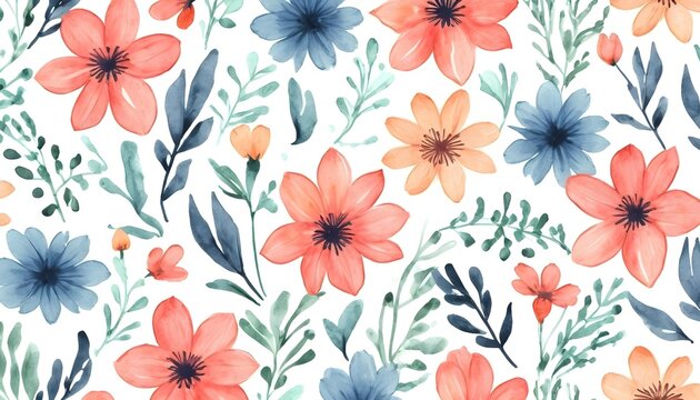 Watercolor seamless pattern with simple hand drawn flowers. Floral print. ,