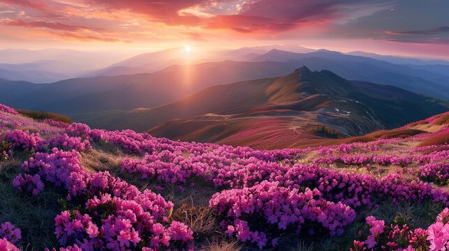 Attractive summer sunset with pink rhododendron flowers. Location place Carpathian mountains, Ukraine, Europe. Vibrant photo wallpaper. Image of exotic landscape. Discover the beauty of earth.