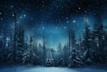 The sky in a winter forest with trees presents vibrant stage backdrops and snow scenes, its xmaspunk apparent in dark blue and gray. - obrazy, fototapety, plakaty