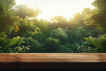 An outdoor wooden table with green trees and sun light behind it presents tropical symbolism, animated gifs, website, forestpunk, and clear edge definition.
