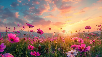 Beautiful and amazing of cosmos flower field landscape in sunset. nature wallpaper background. ,Generative ai, 