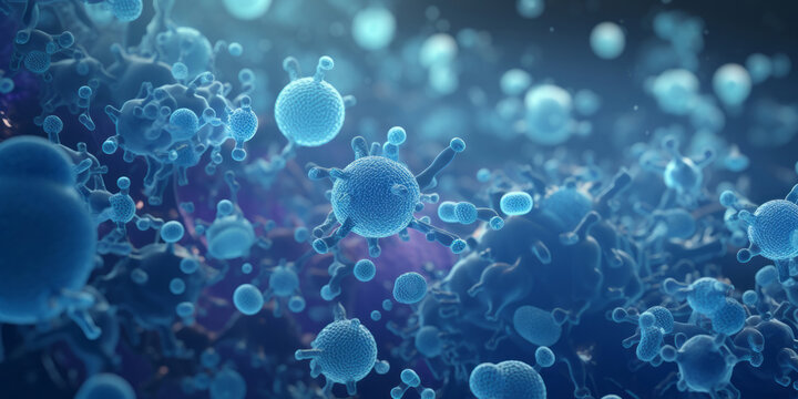 Many bacteria and germs in blue reflect soft-focused realism, crystalcore, precisionist lines, and selkiecore.