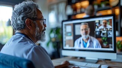 Fototapeta premium Senior doctor engaging in a telemedicine session with professional colleagues on a computer discussing patient care strategies.