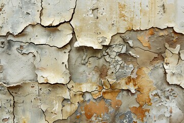 : Cracked, timeworn plaster, with chipped edges and faded paint