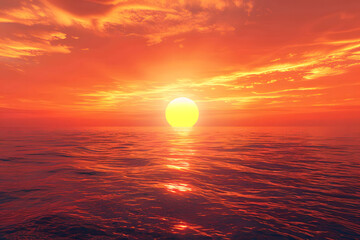 Obraz premium Red sunset over the sea. Large and round sun shining brightly against an orange sky with dark clouds. In front of it lies calm water reflecting its light. 