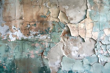 : Cracked, timeworn plaster, with chipped edges and faded paint - obrazy, fototapety, plakaty