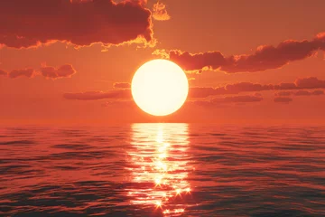 Deurstickers Red sunset over the sea. Large and round sun shining brightly against an orange sky with dark clouds. In front of it lies calm water reflecting its light.   © jex