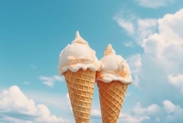 Two cones with ice cream sit inside of one, their warmcore, soft and dreamy atmosphere, handheld, and honeycore apparent in sky-blue and orange.