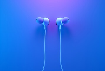 Earphones with blue light sit on a blue background for music & TV, their pastel hues, mingei