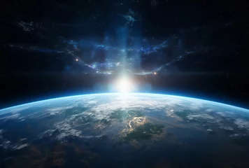 Foto op Plexiglas The shining sun over the earth presents a futuristic sci-fi aesthetic. © Duka Mer