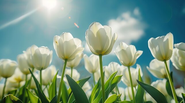 Beautiful floral background. Stunning view of bright white tulips blooming in the garden in the middle of a sunny spring day with green grass and blue sky landscape ,Generative ai, 