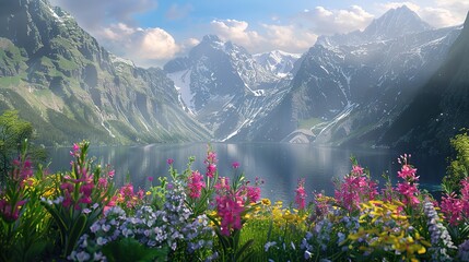 Beautiful flowers with majestic mountains in the background ,Generative ai,  - obrazy, fototapety, plakaty