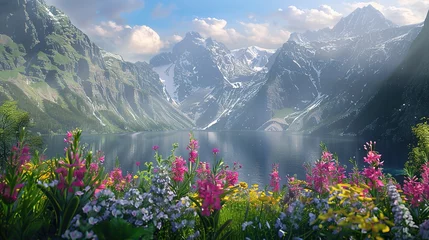 Fotobehang Beautiful flowers with majestic mountains in the background ,Generative ai,  © curek