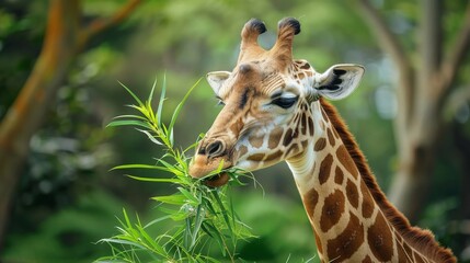 A giraffe stretching its long neck to eat acacia leaves cute
