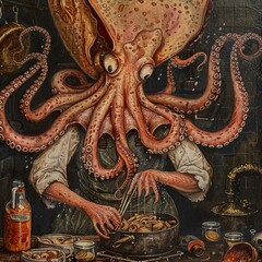Fototapeta premium A giant squid cooking a meal vibrant colo