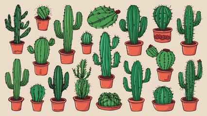 Vintage Style Hand-Drawn Cactus Doodle Set: Whimsical Cartoon Illustrations of Desert Flora, Perfect for Natural Interior Décor