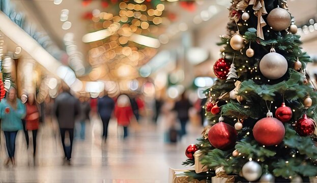 Shopping mall with stores, Christmas tree with decoration and crowd of people looking for present gifts. Abstract blurred defocused image background. Christmas holiday, Xmas shopping, 