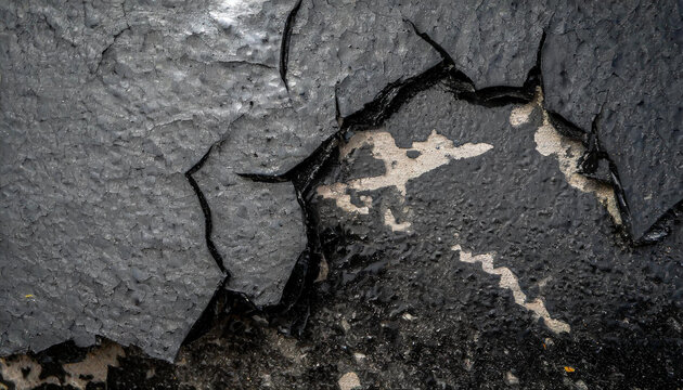 A close-up black and white shot of a cracked wall showing signs of deterioration and wear. The cracks cut through the concrete surface, creating a striking contrast between the dark shadows and light