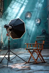Directors chair and megaphone, iconic symbols, wide view for a classic filmmaking , cinematic