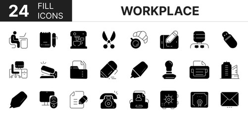 Collection of 24 workplace fill icons featuring editable strokes. These outline icons depict various modes of workplace, business, management.