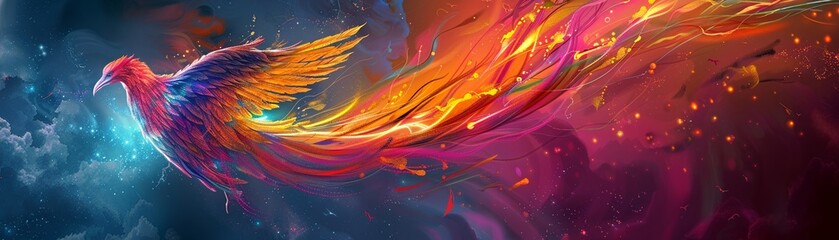 A majestic phoenix rises from the ashes, its feathers glowing with vibrant colors vibrant colo