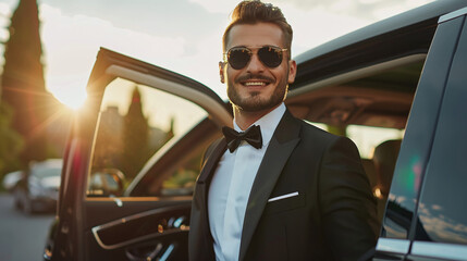 Successful young businessman in a business suit stands next to a luxury car - obrazy, fototapety, plakaty