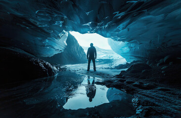 far from shot, ultra wide angle shot, the silhouette of a guy in an ice cave, dark tones color palette