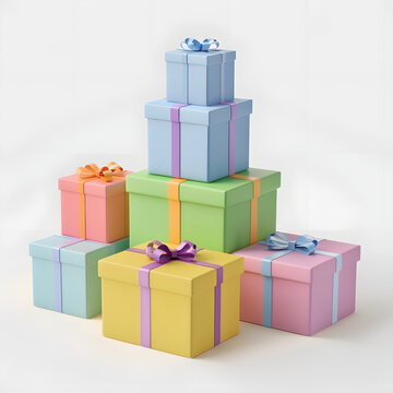 Stack of colorful gift boxes isolated on white background, isometry, png
