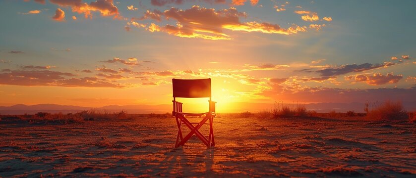 Directors chair silhouette, sunset, wide view for an iconic industry wallpaper , high-resolution