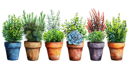 Collage of tiny succulent plants in pots over white transparent background