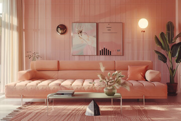 Modern Minimalist blush Pink Retro style house interior Hybrid Spaces.