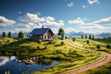 Countryside landscape with a house with roof solar panels.